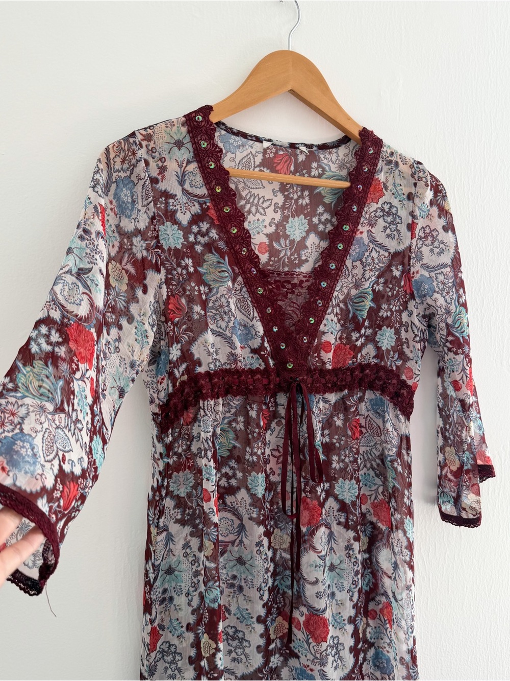 Whimsical fairy 3/4 length sleeve lace trim babydoll sequin sheer paisley dress